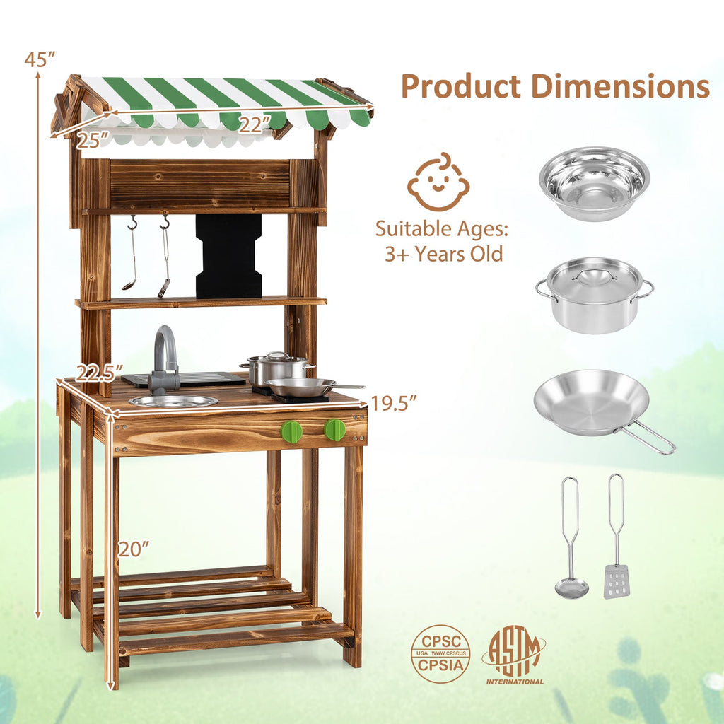 Double-Sided Mud Kitchen with Canopy and Chalkboard for 3+ Years Old-Natural