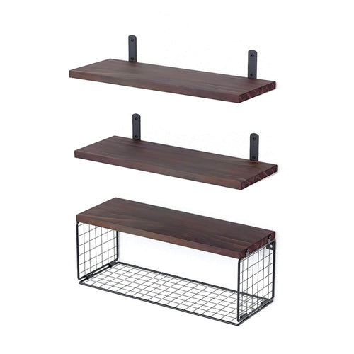2 In 1 Floating Shelves Wall Mounted with Storage Basket Bathroom Shelves Over Toilet Wooden Shelves for Bedroom Living…