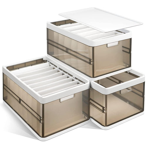 3 Pack Foldable Storage Bin with Lid Stackable Plastic Closet Organizer with Handle Divider Collapsible Drawer Organizer…