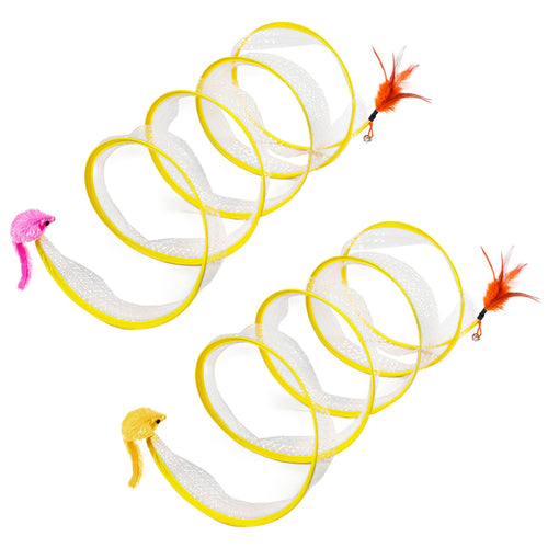 2Pcs Foldable Cat Tunnel with Bell Feather Mouse Toys Collapsible Indoor Cat Spring Tube with Interactive Toy for Kittens…