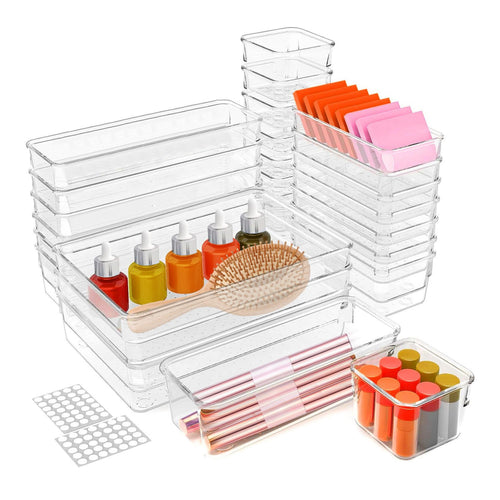 25Pcs Clear Plastic Drawer Organizers Set 4 Sizes Desk Drawer Dividers Trays Storage Bins for Vanity Cabinet Makeup…