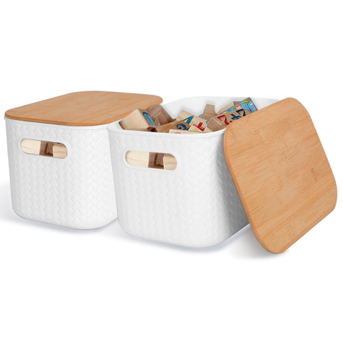 2Pcs Storage Bins with Bamboo Lids Stackable Plastic Storage Container with Handle Storage Box Accessories Holder for…