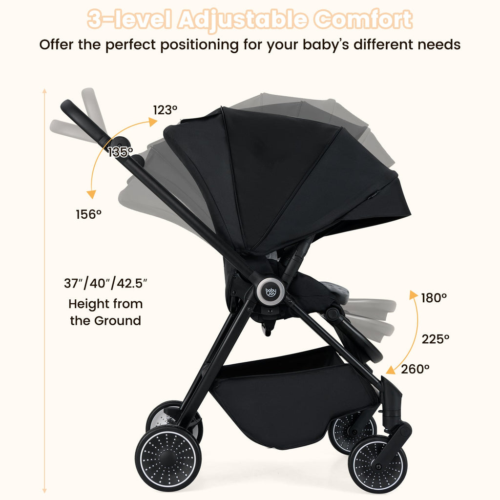 Foldable Infant Pram Stroller with Reversible Seat Reclining Backrest-Black