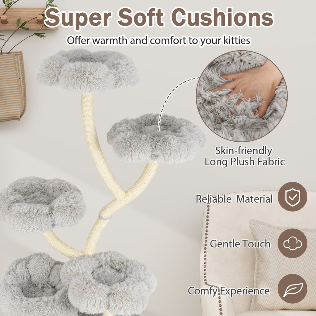 Freestanding Cat Tower with four Flower-shaped Platforms and Sisal Scratching Posts-Gray