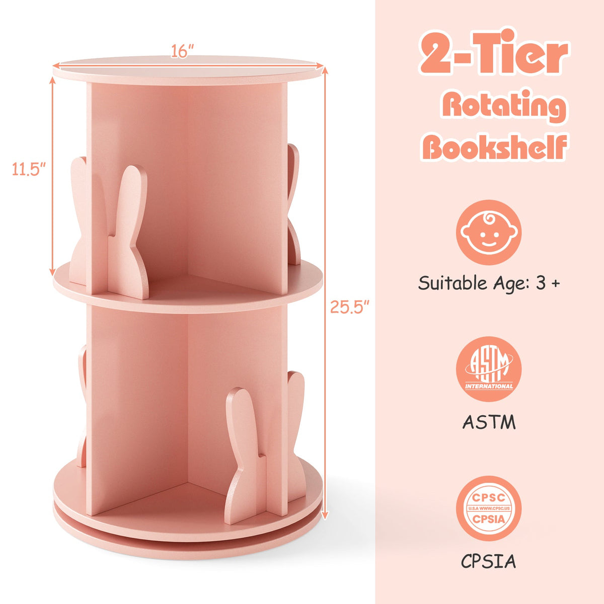 2 Tier Freestanding Kids Rotating Bookshelf Storage Rack with Bunny Baffles-Pink
