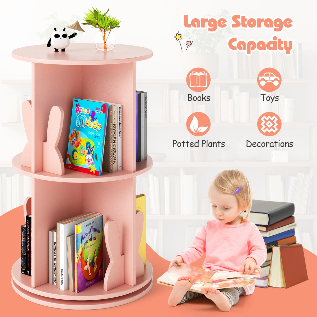2 Tier Freestanding Kids Rotating Bookshelf Storage Rack with Bunny Baffles-Pink
