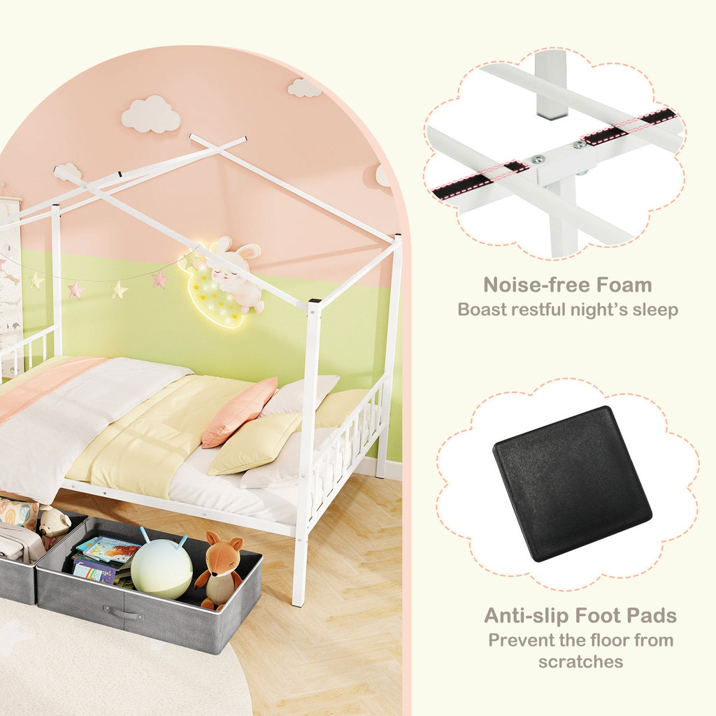 Full Size Metal House Bed with 2 Fabric Drawers for Kids-White