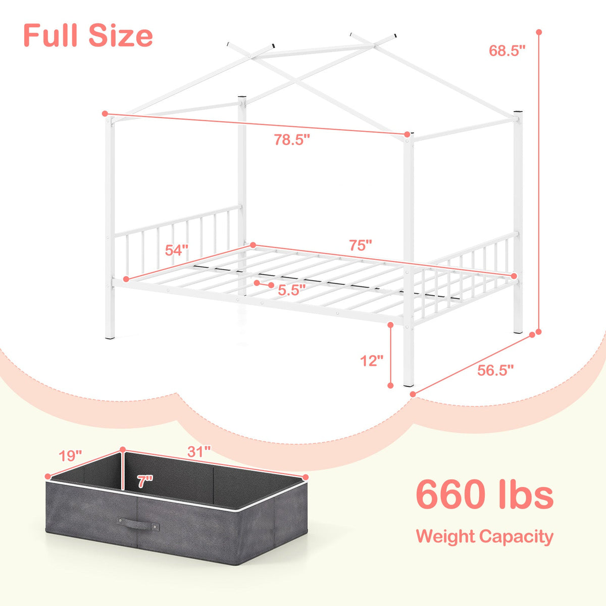 Full Size Metal House Bed with 2 Fabric Drawers for Kids-White
