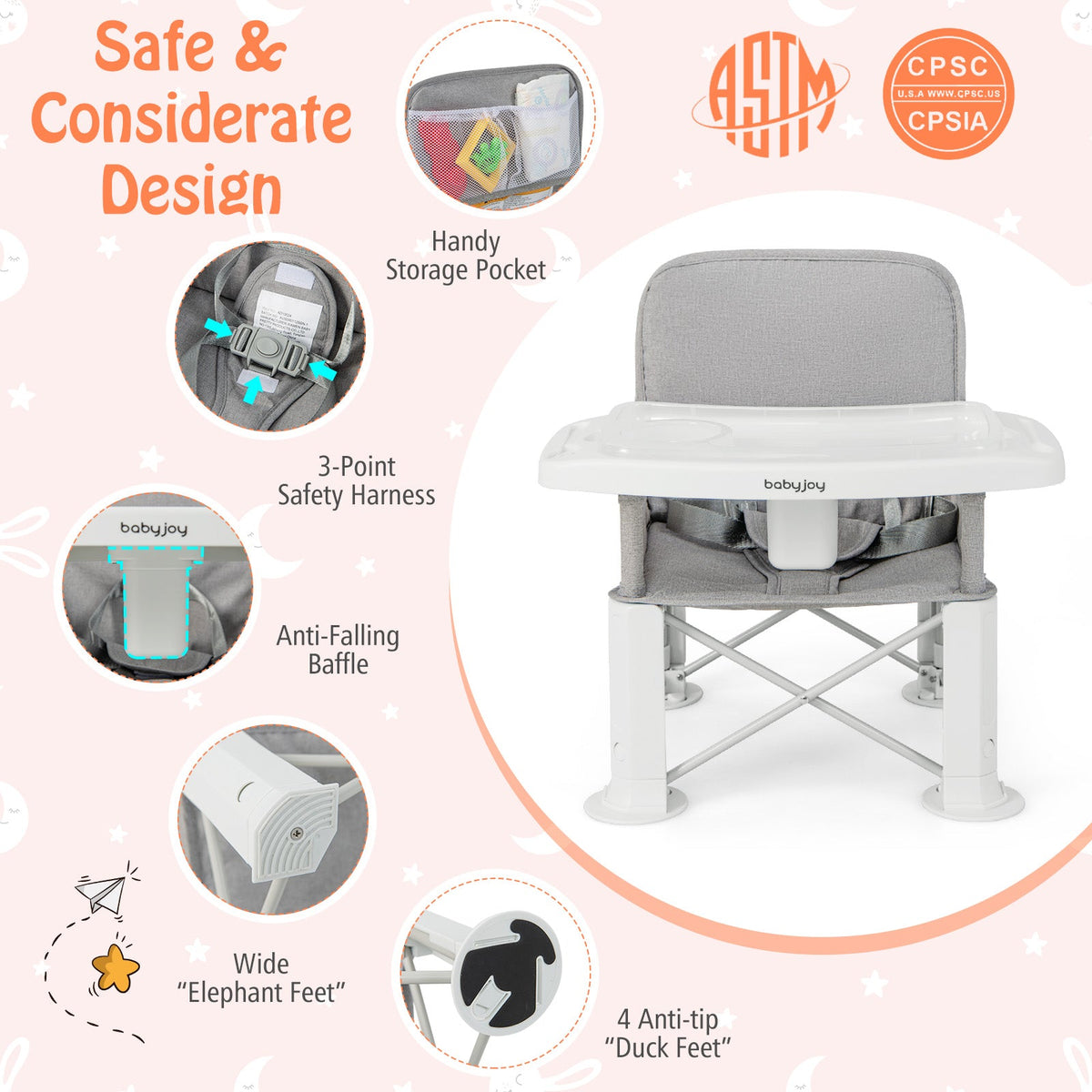 Portable Baby Booster Seat with Straps and Double Tray-Gray
