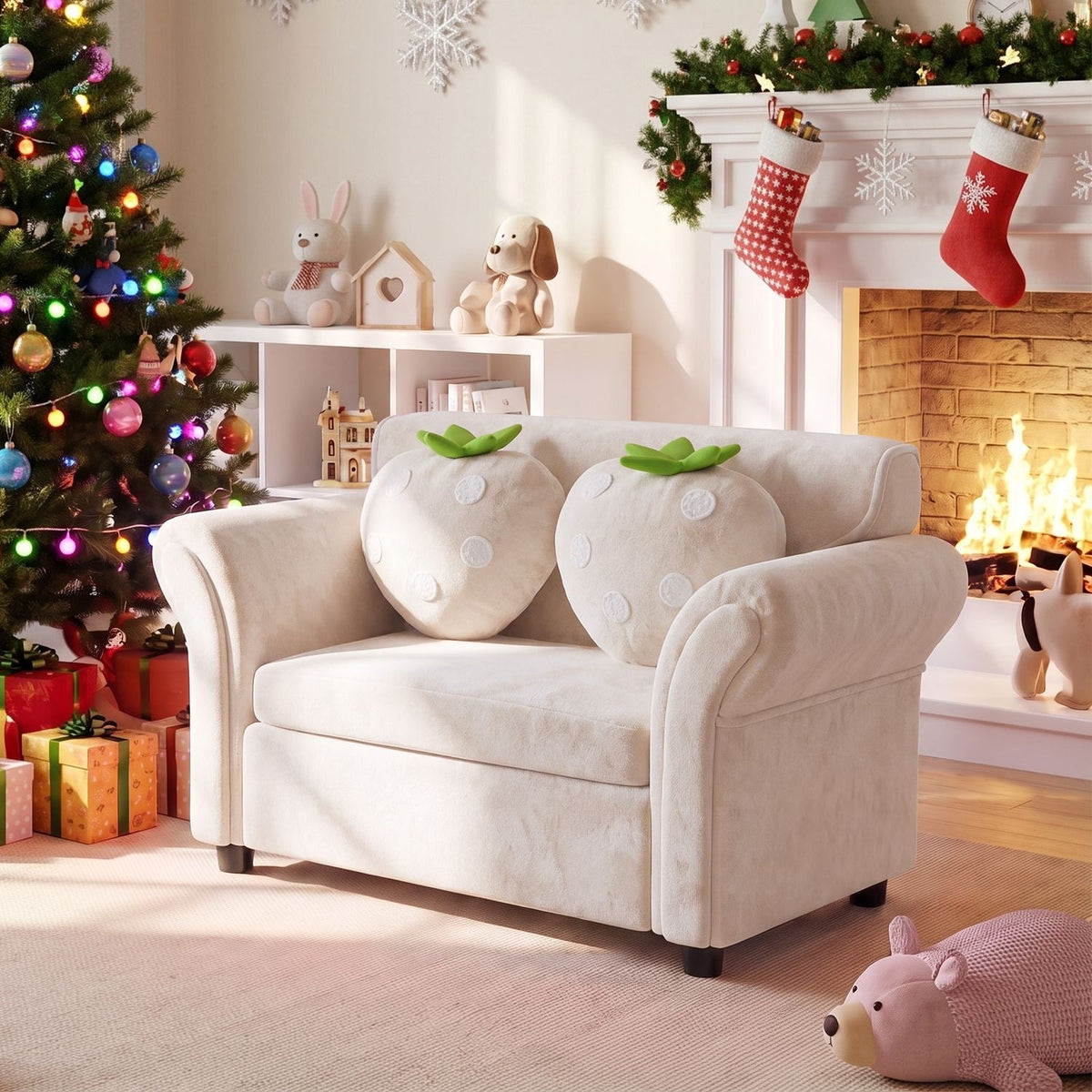Kids Strawberry Armrest Chair Sofa with 2 Cute Strawberry Pillows-Pink