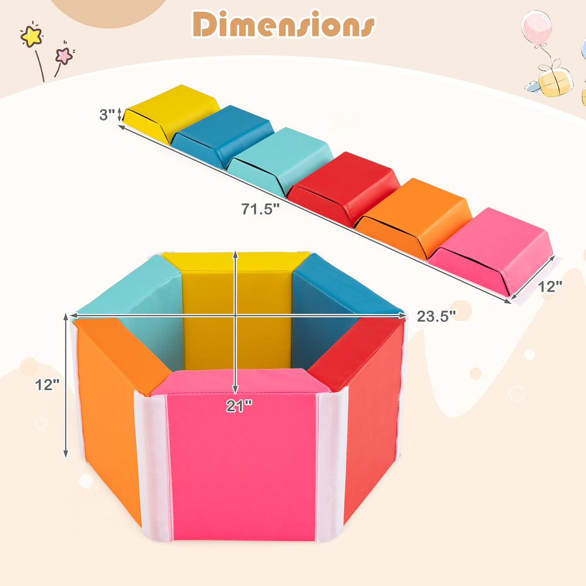 Hexagon Kids Ball Pit Foam Climbing Exercise Mat with Detachable PU Covers-Multicolor