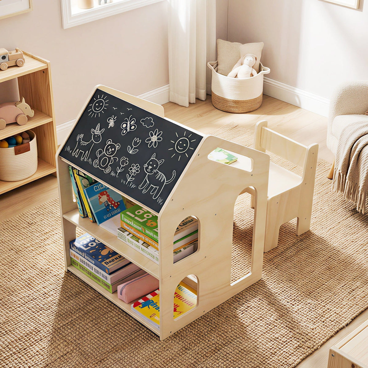 House-shaped Wooden Activity Kids Table Chair Set-Natural
