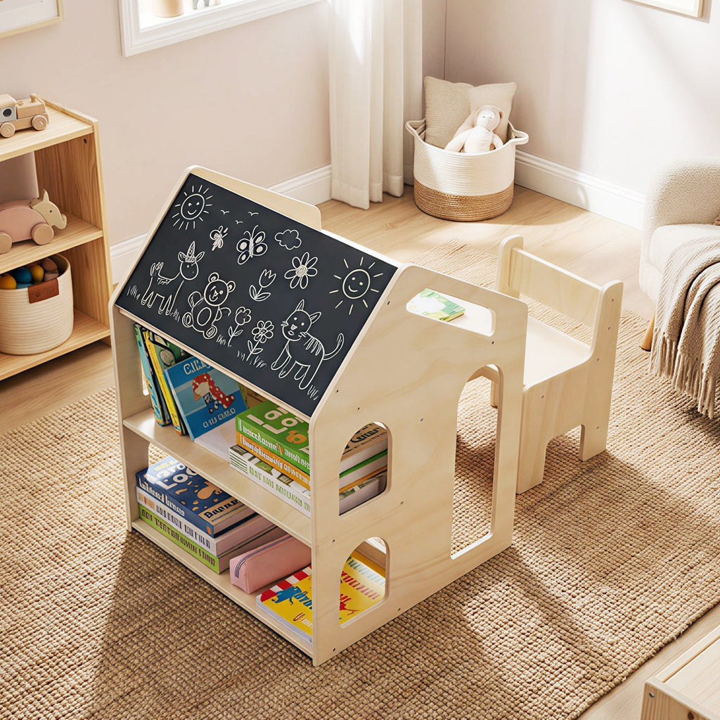 House-shaped Wooden Activity Kids Table Chair Set-Natural