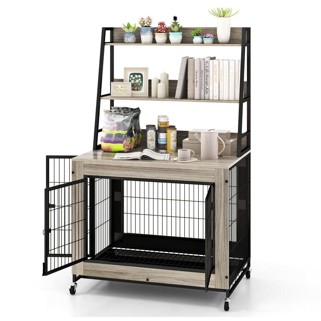 Industrial Dog Kennel Dog Crate Furniture with Storage Shelves-Gray