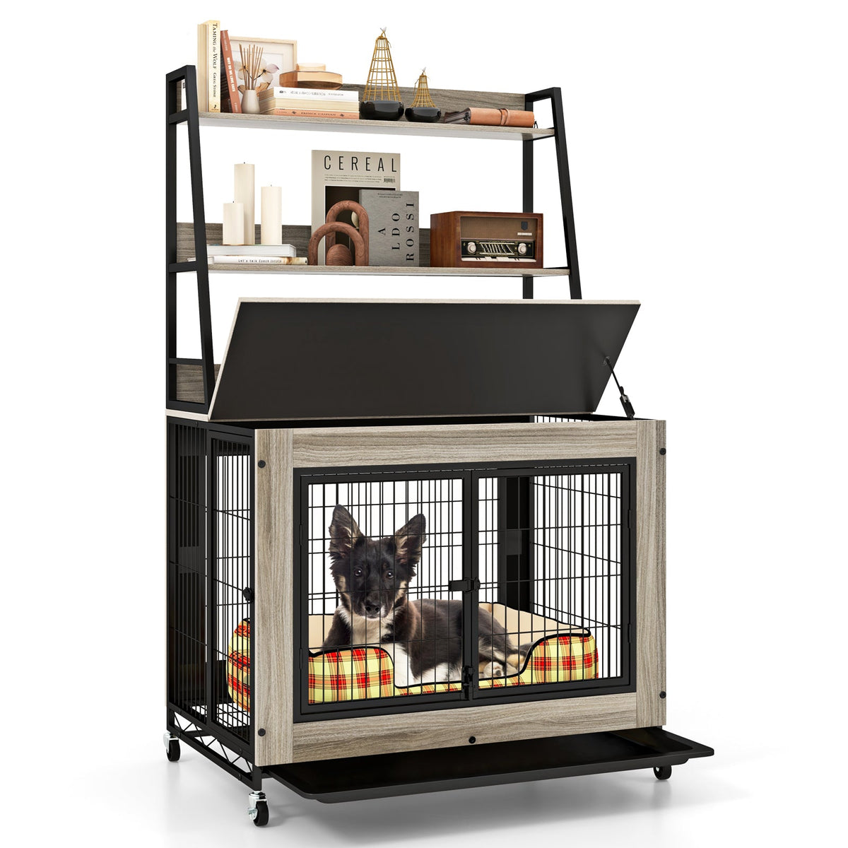Industrial Dog Kennel Dog Crate Furniture with Storage Shelves-Gray