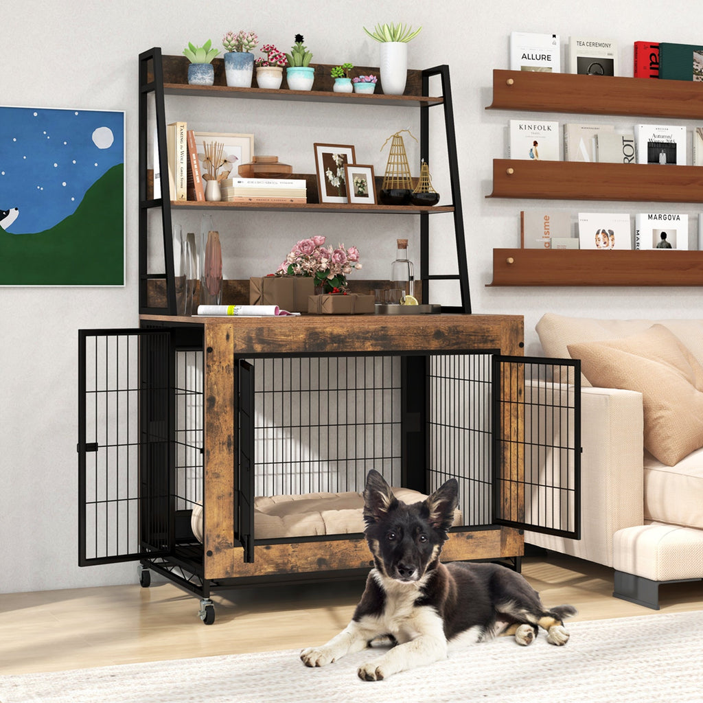 Industrial Dog Kennel Dog Crate Furniture with Storage Shelves-Rustic Brown