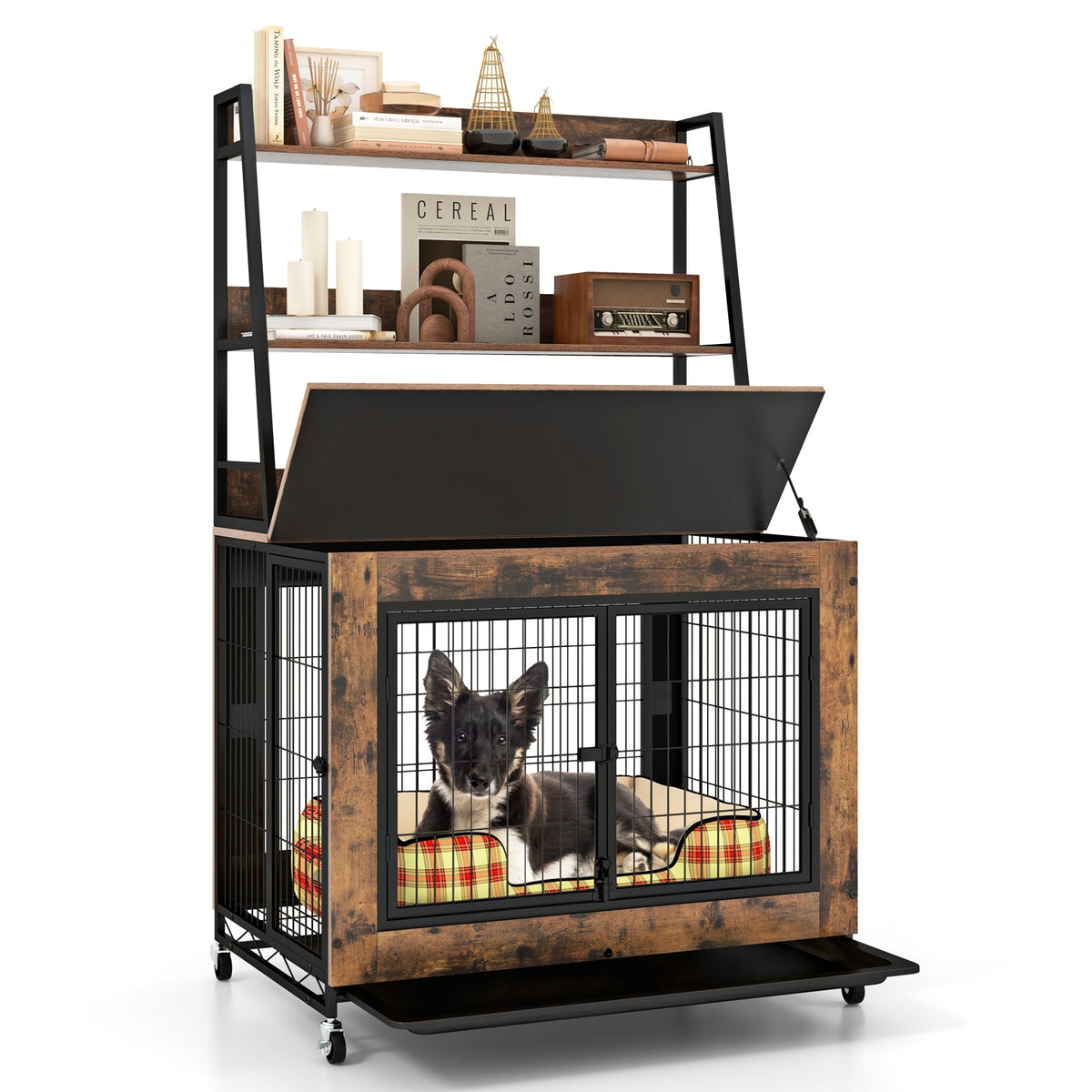 Industrial Dog Kennel Dog Crate Furniture with Storage Shelves-Rustic Brown
