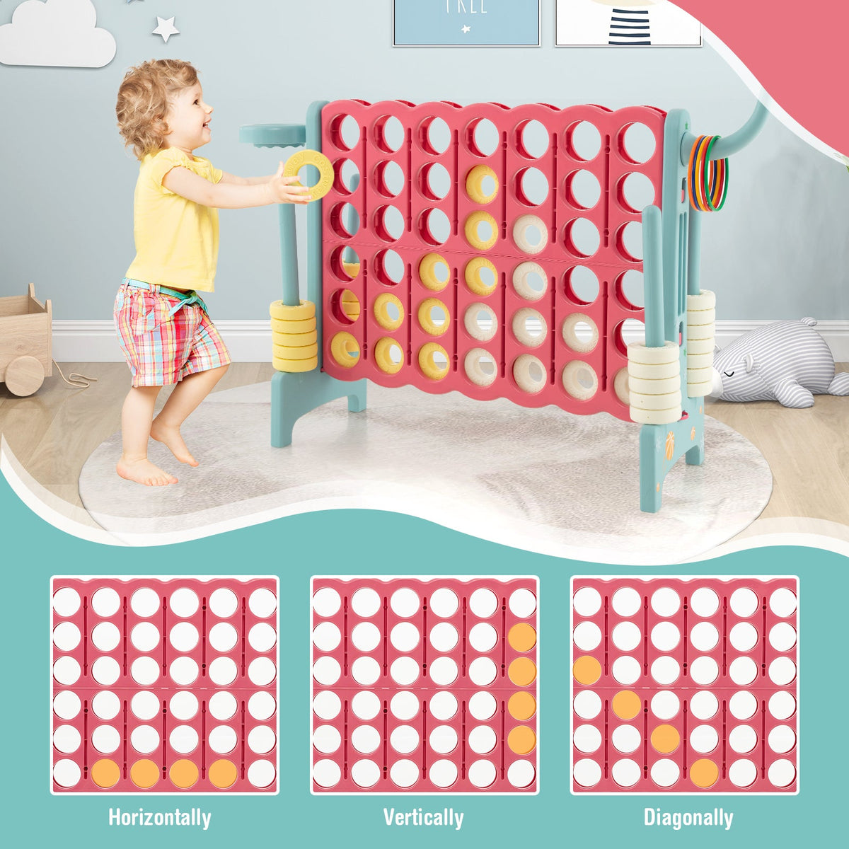 4-in-a-Row Connect Game with Basketball Hoop and Toss Ring-Blue