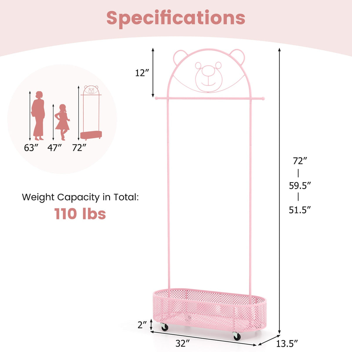 Kid Clothes Rack with 3 Adjustable Heights and Wheels-Pink