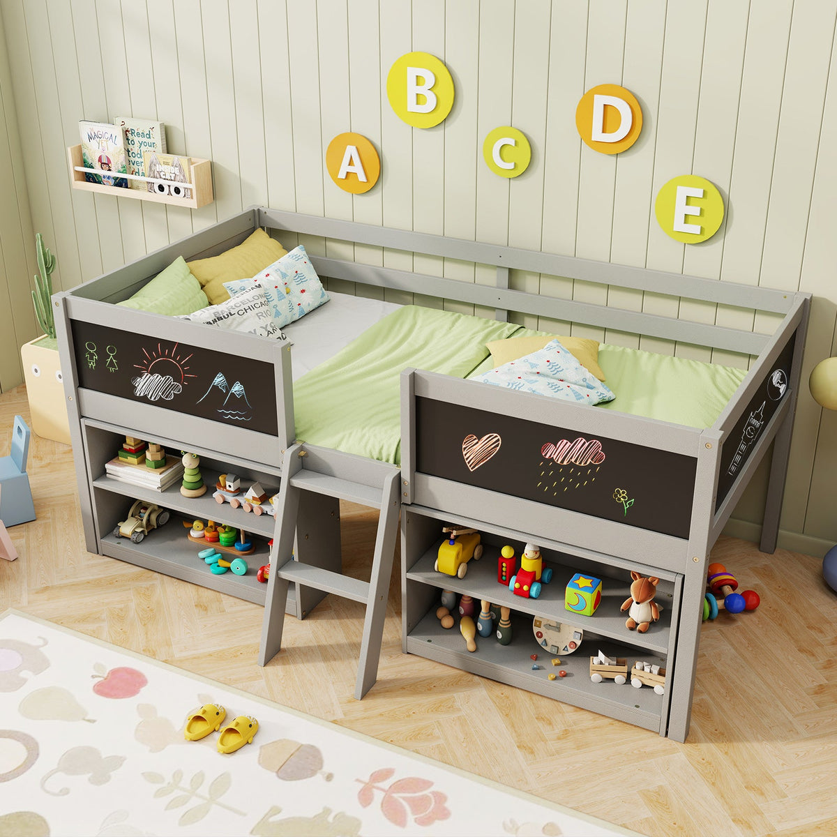 Kid Twin Size Low Loft Bed with Chalkboard Ramp Ladder and Bookcases-Gray
