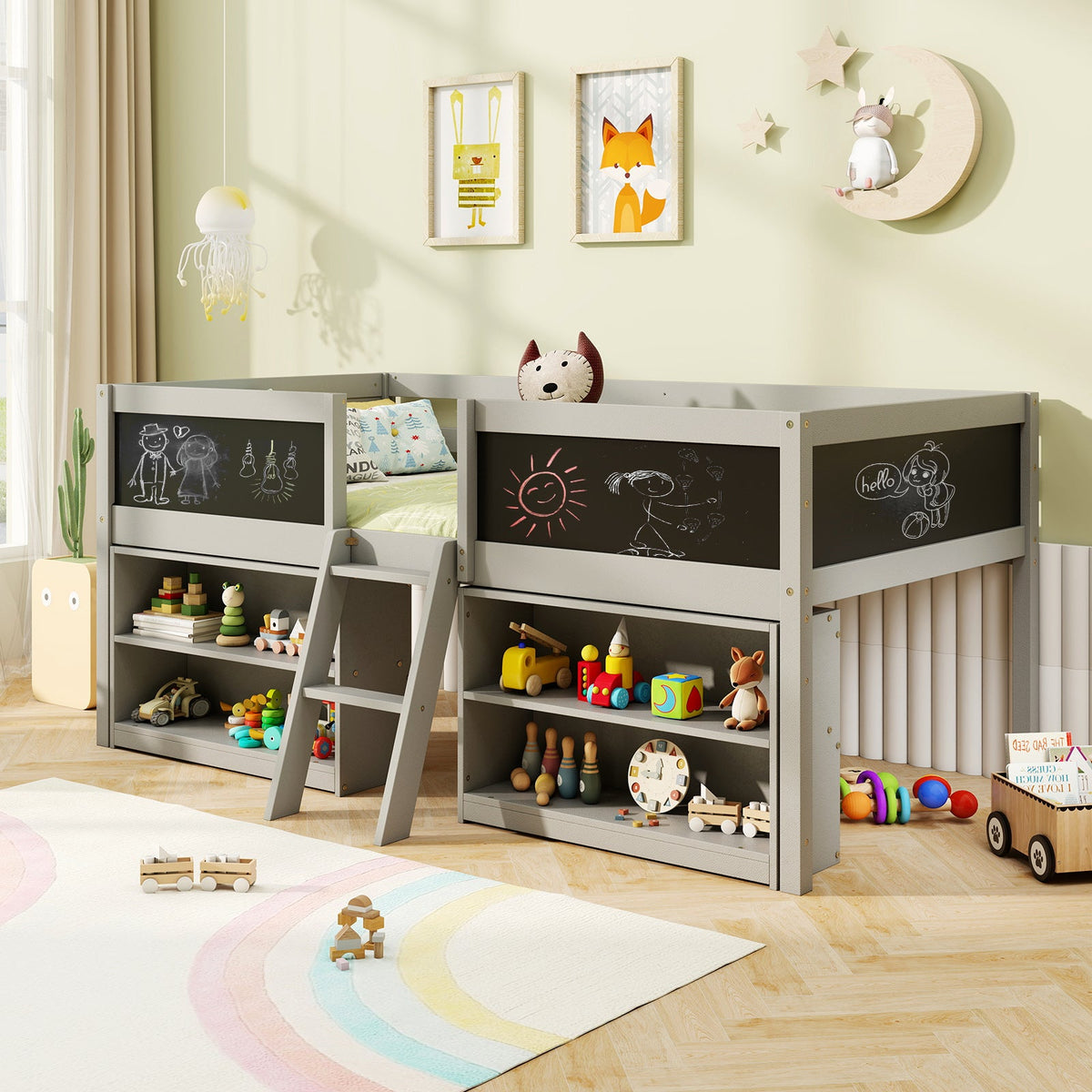 Kid Twin Size Low Loft Bed with Chalkboard Ramp Ladder and Bookcases-Gray