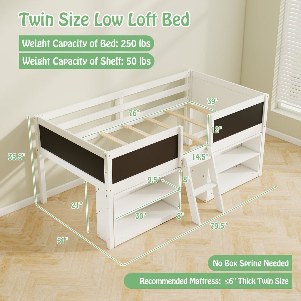 Kid Twin Size Low Loft Bed with Chalkboard Ramp Ladder and Bookcases-White