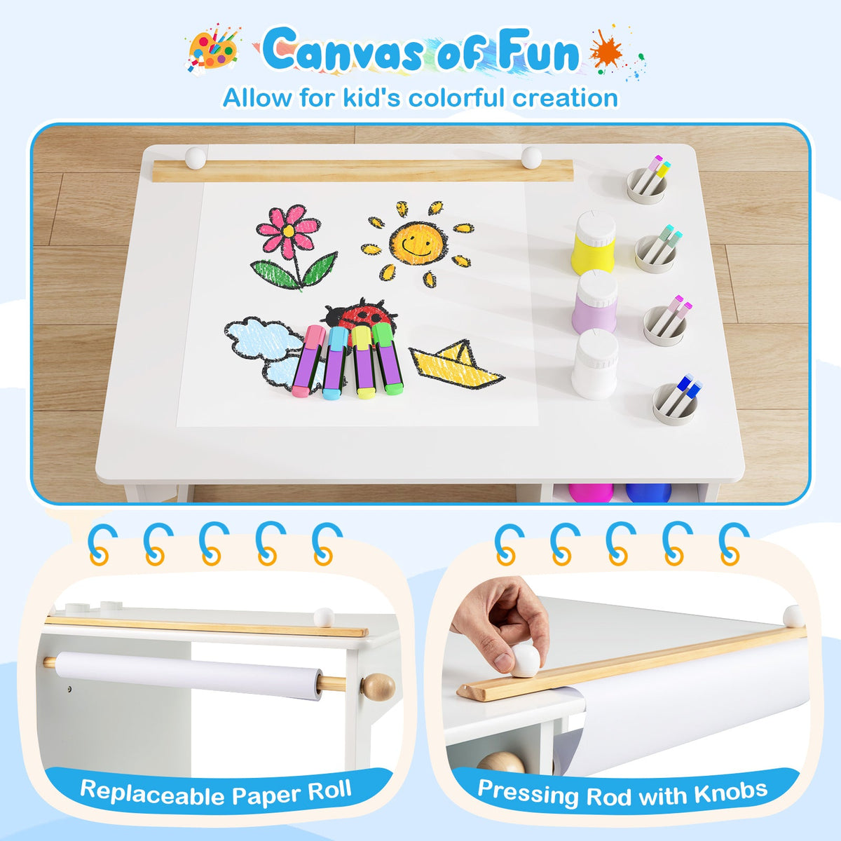 Kids Art Table and Chair Set Toddler Craft Drawing Desk-White