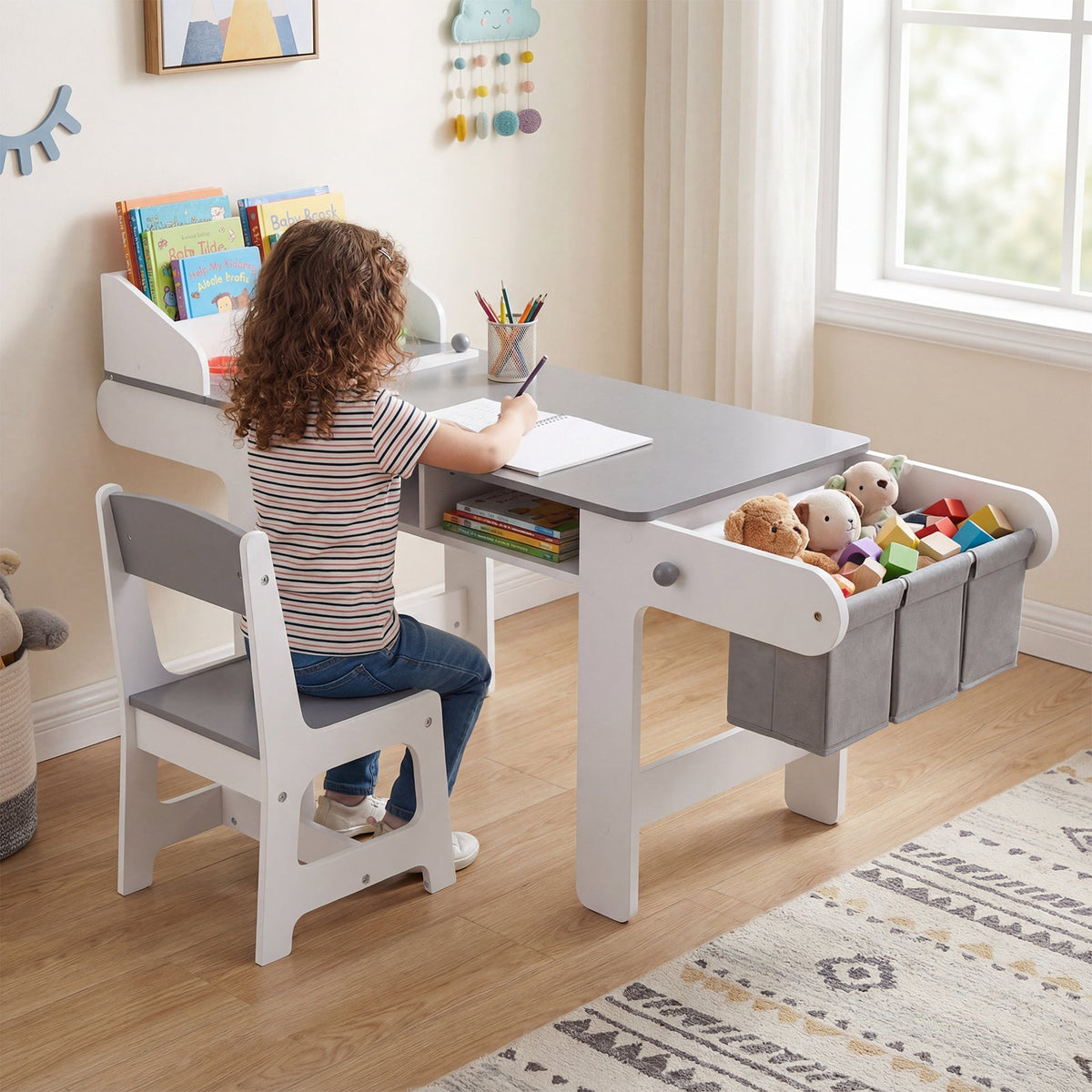 Kids Art Table and Chair with Paper Roll and Fabric Bins for Drawing Reading Studying Playing-Gray
