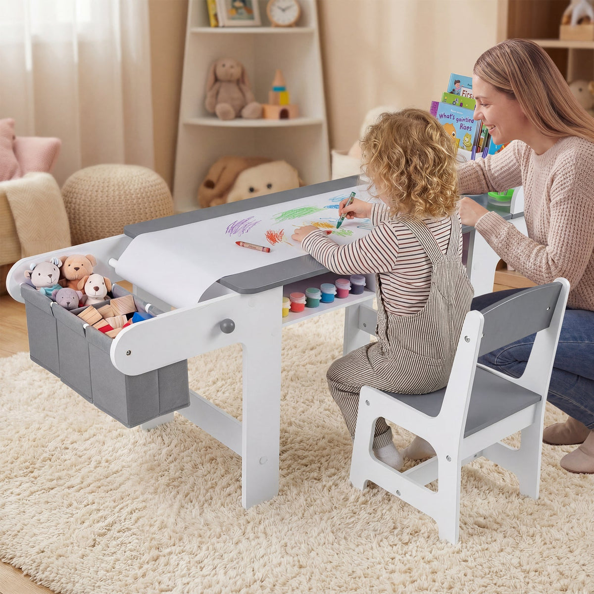 Kids Art Table and Chair with Paper Roll and Fabric Bins for Drawing Reading Studying Playing-Gray