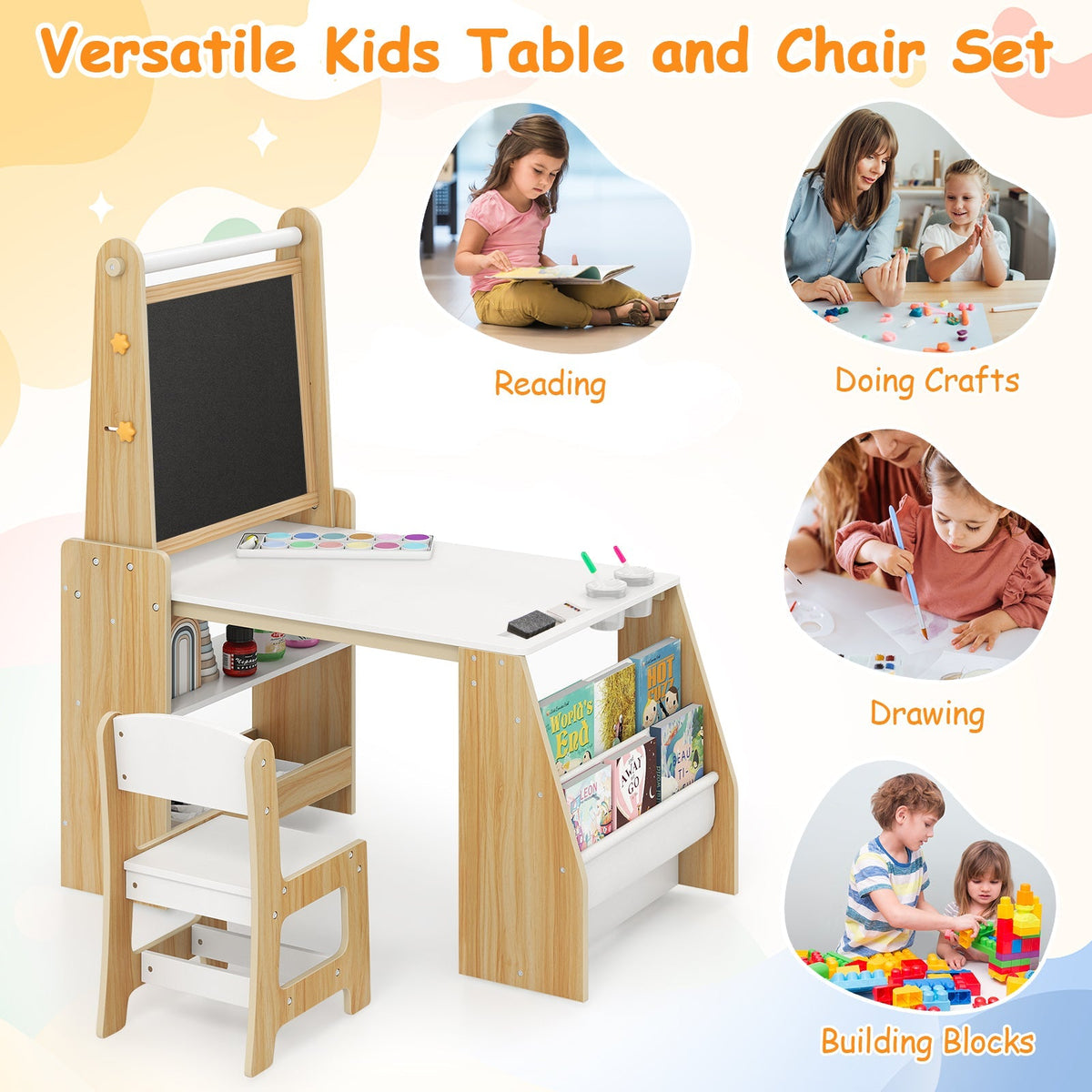 Kids Art Table and Chair Set with Easel and Chair for Drawing Reading