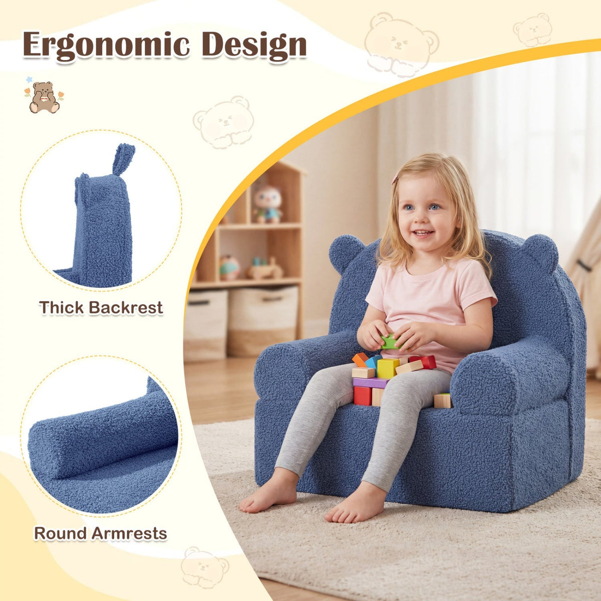 Kids Bear Sofa Toddler Foam Couch with Soft Fleece Fabric Cover