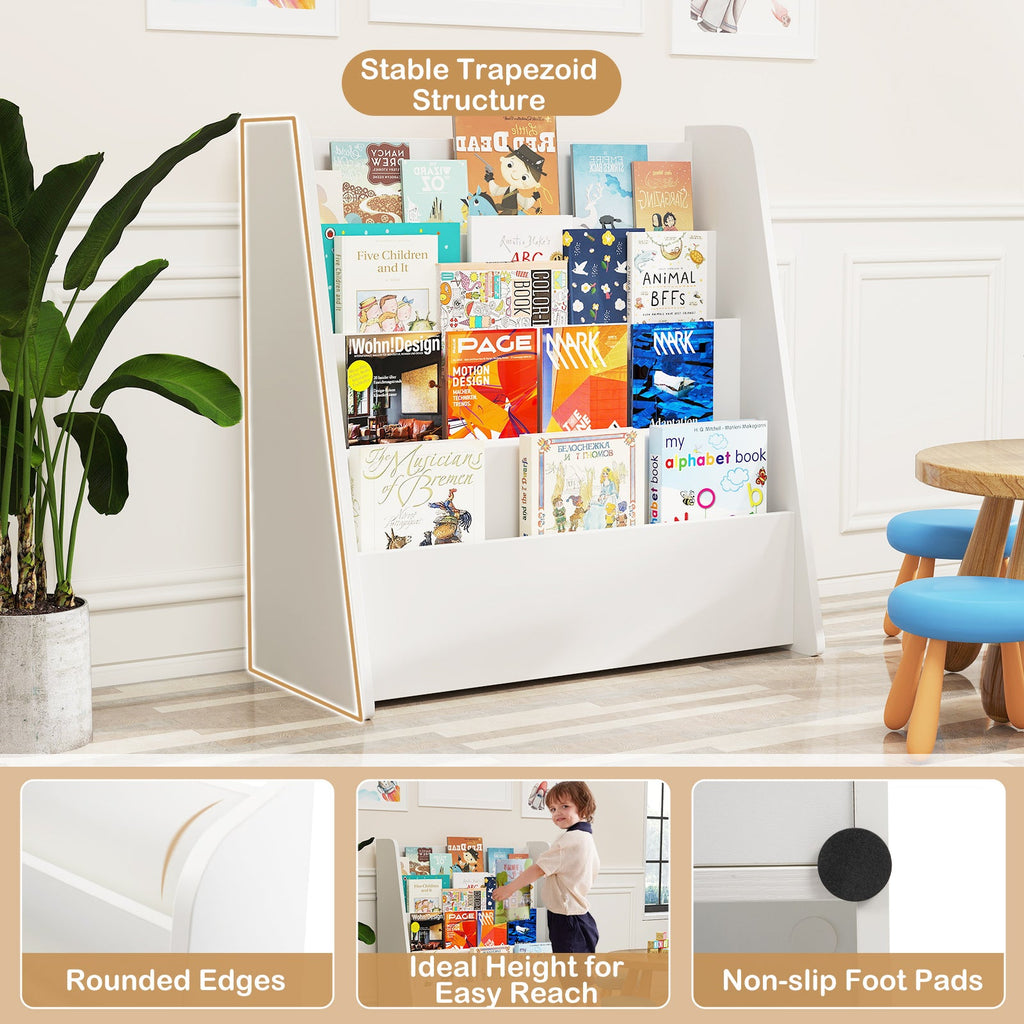 4-Tier Kids Bookshelf with Deep Compartments for Bedroom-White
