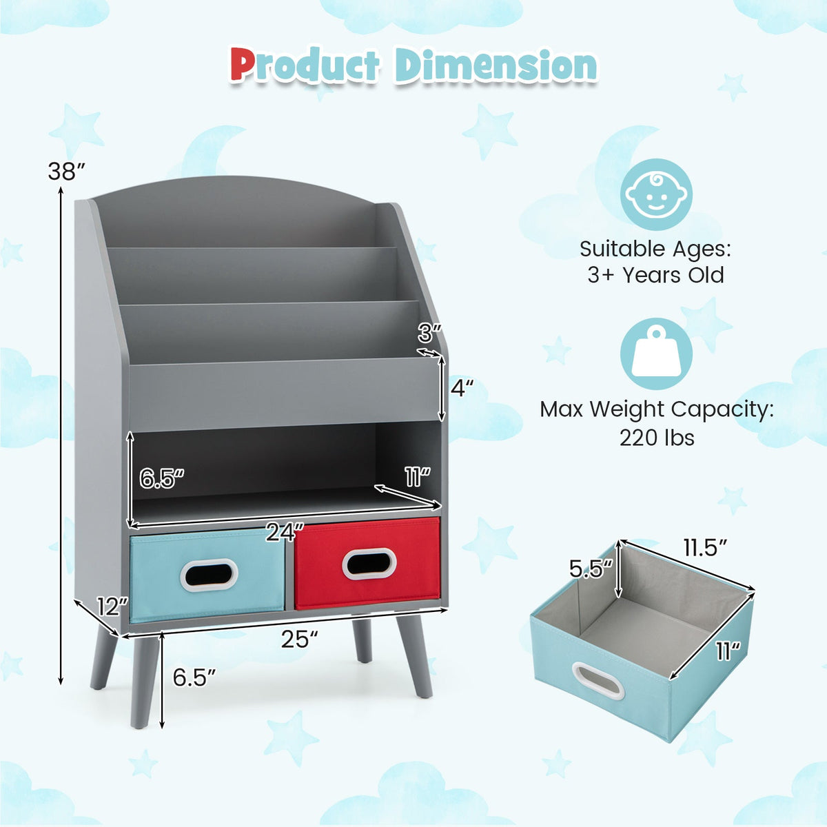 Kids Bookshelf with Open Compartment for Toddlers 3+ Years Old-Gray