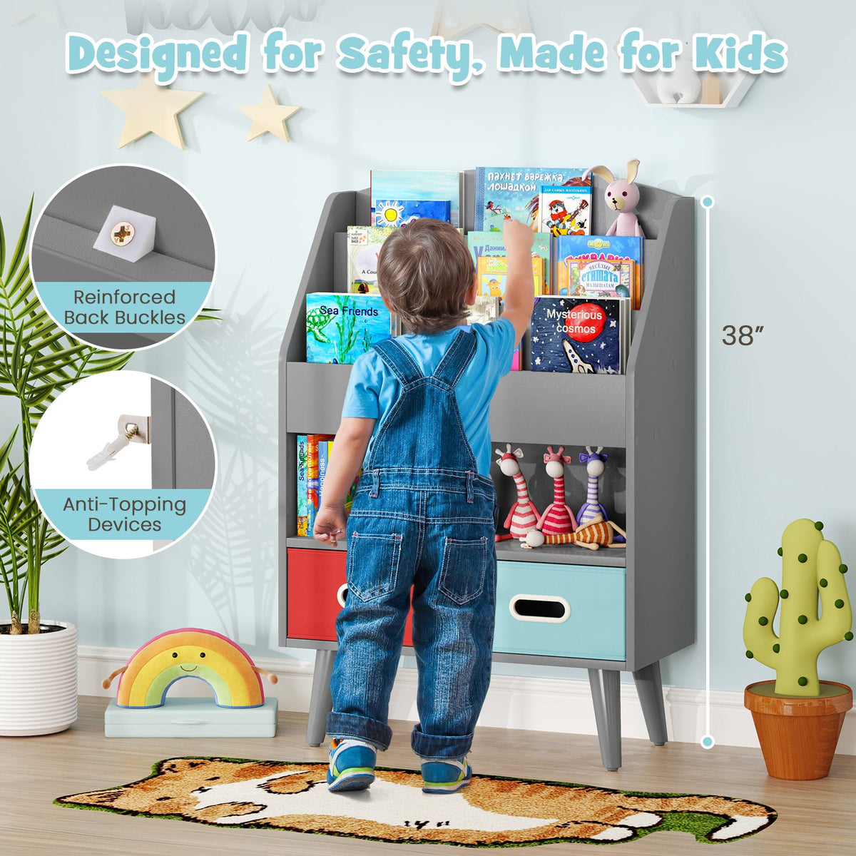 Kids Bookshelf with Open Compartment for Toddlers 3+ Years Old-Gray