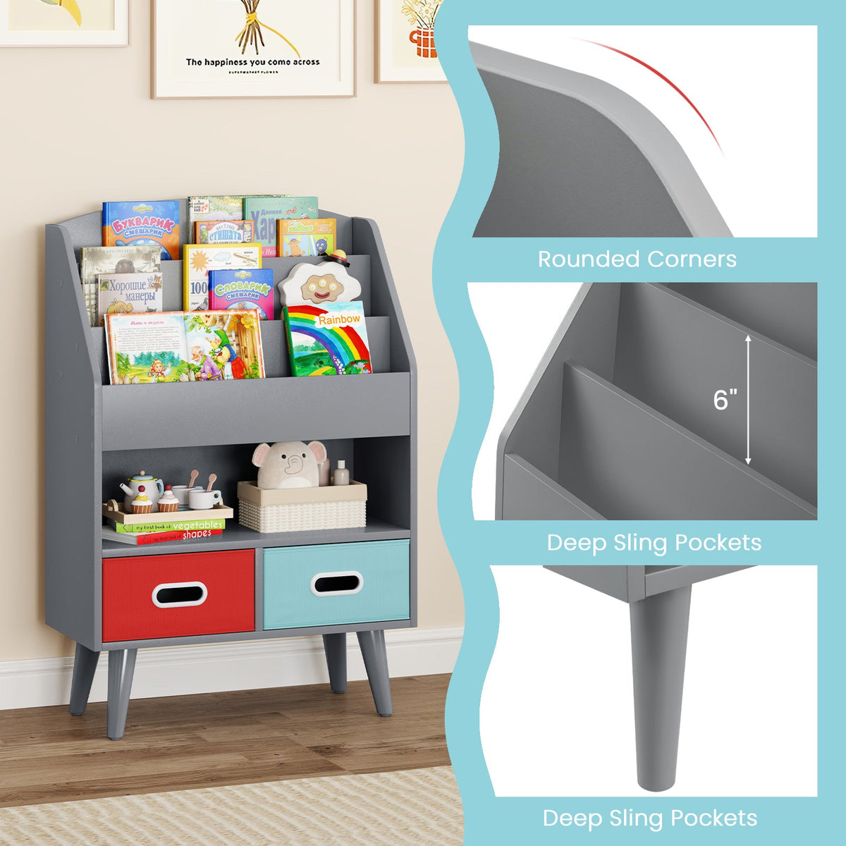 Kids Bookshelf with Open Compartment for Toddlers 3+ Years Old-Gray