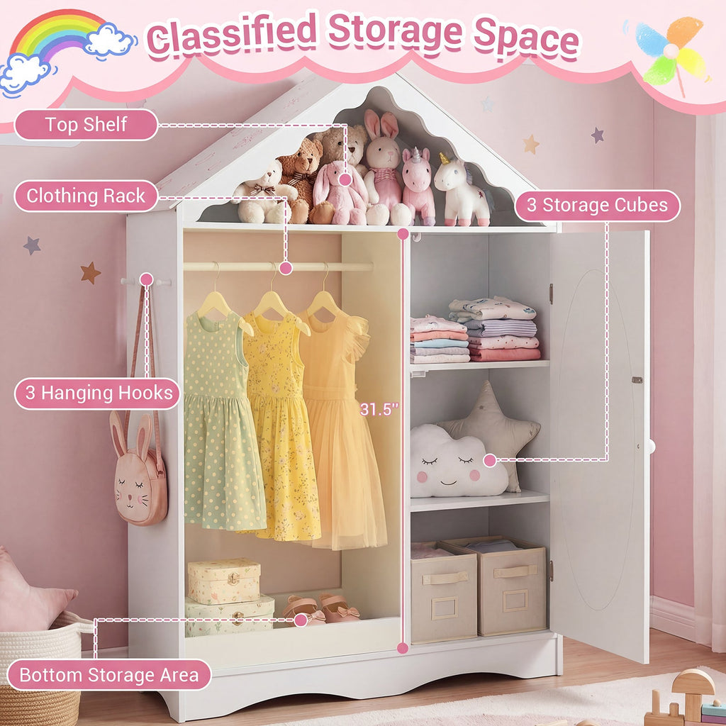 Kids Dress Up Storage with Mirror Roofed Wardrobe Closet with Open Hanging Rack