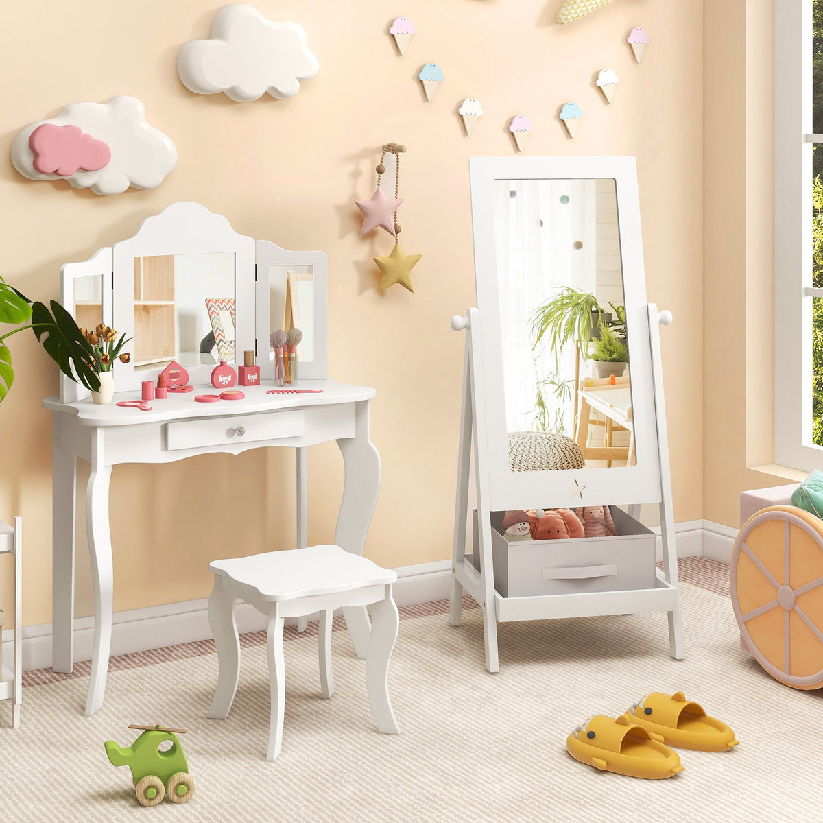 Kids Full Length Mirror 360 Degree Rotatable Dressing Mirror with Storage Bin-White