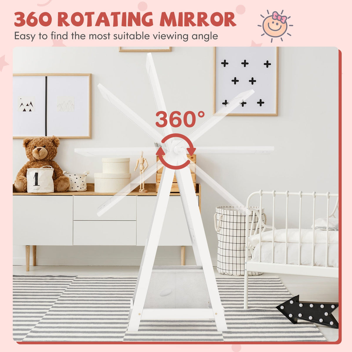 Kids Full Length Mirror 360 Degree Rotatable Dressing Mirror with Storage Bin-White