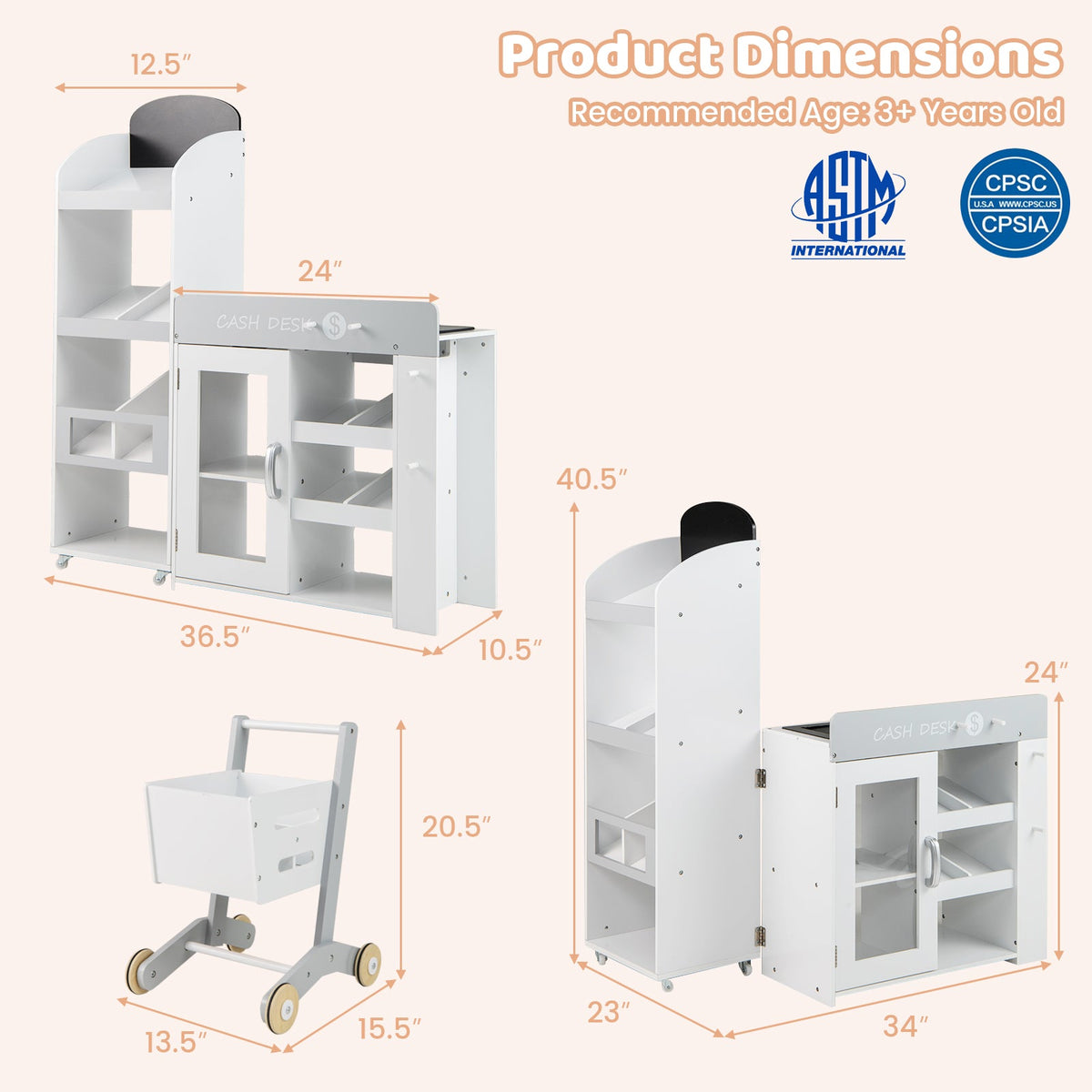 Kids Grocery Store Playset Convertible Wooden Play Store with Shopping Cart-White