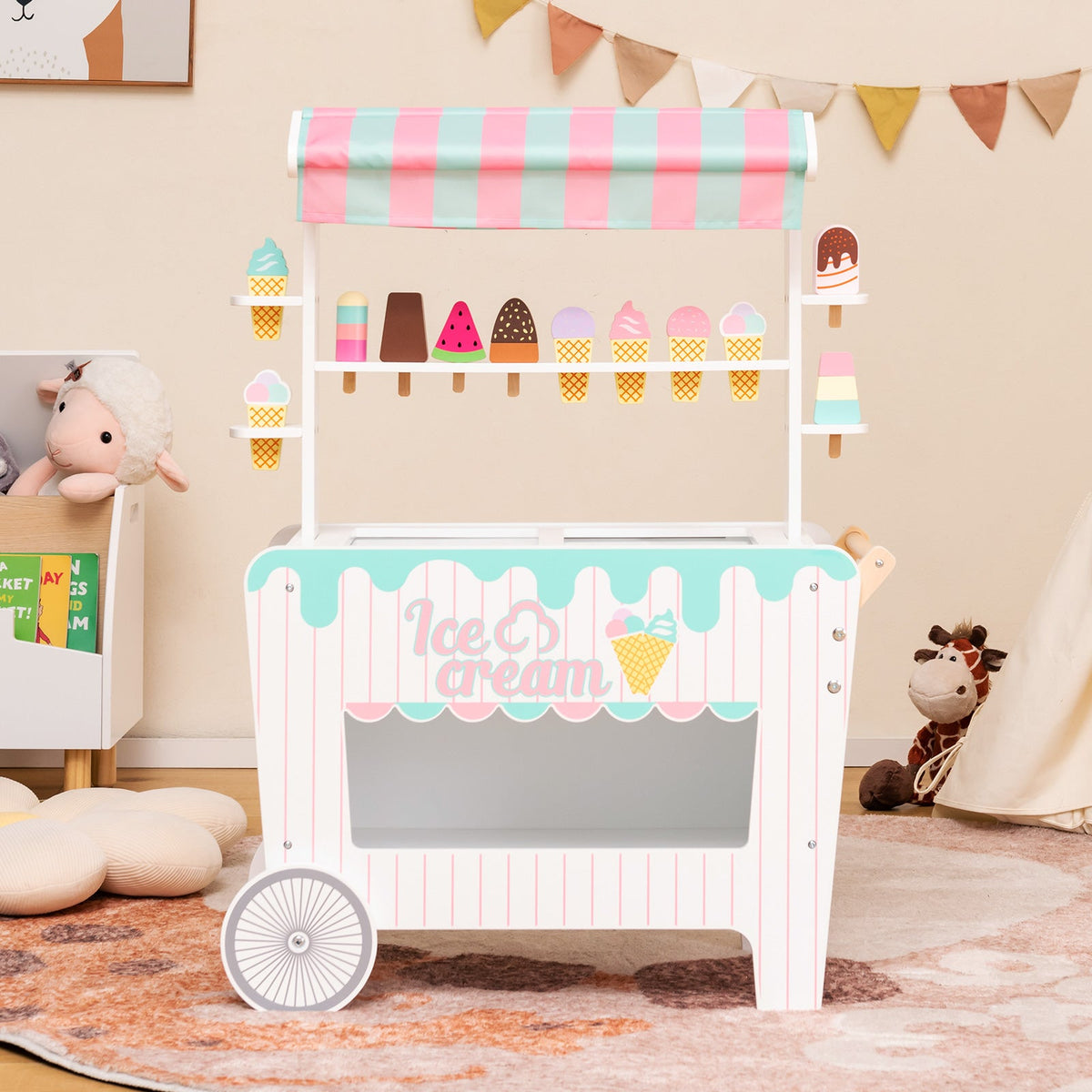 Kids Ice Cream Cart Playset with Display Rack and Accessories