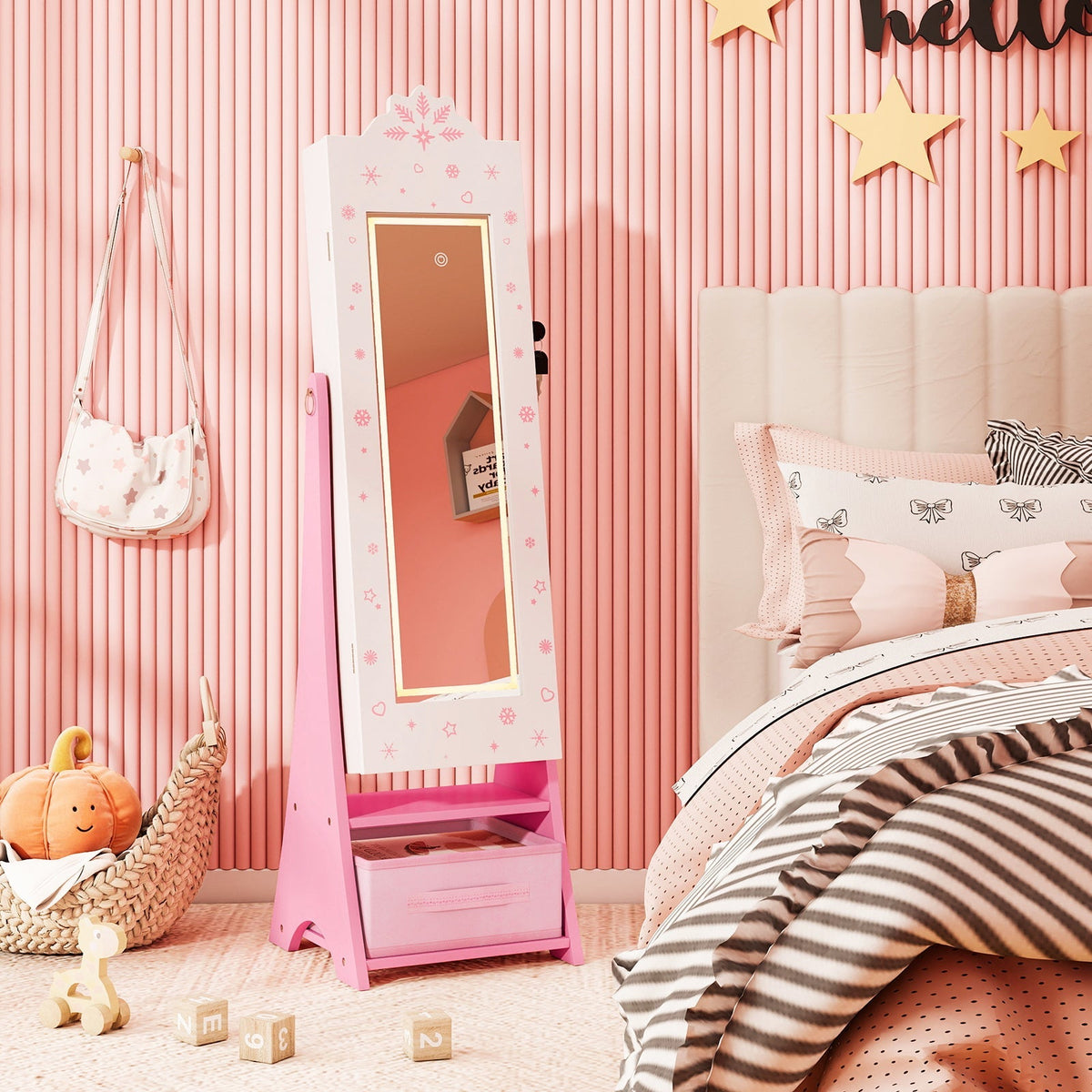 Kids Jewelry Armoire Freestanding Jewelry Cabinet with 3-Color Lighted Full Length Mirror