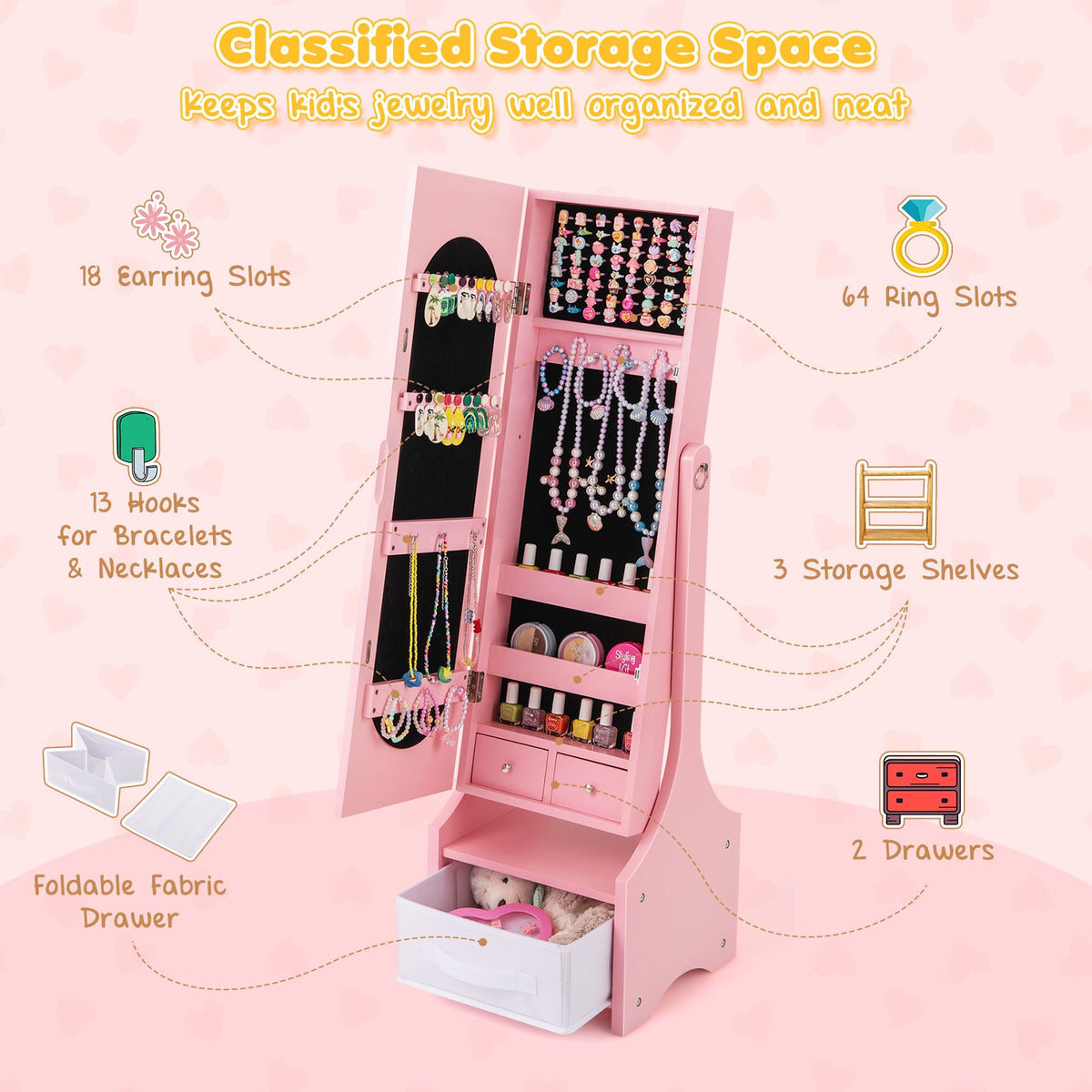 Freestanding Kids Jewelry Armoire Cabinet with Storage and 2 Tilt Angles-Pink