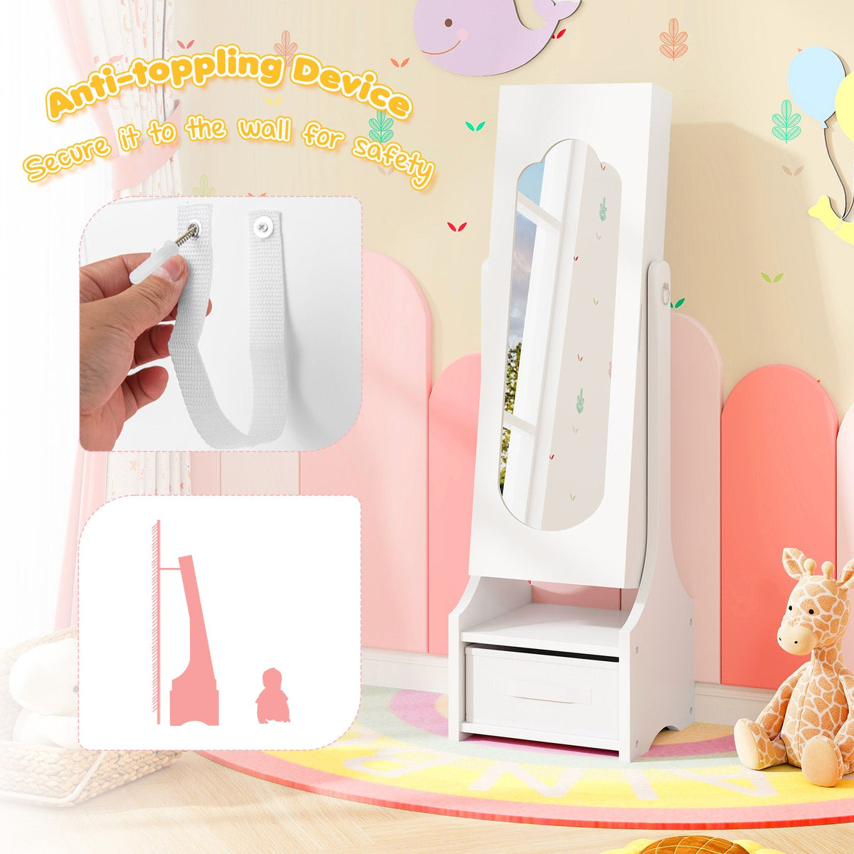 Freestanding Kids Jewelry Armoire Cabinet with Storage and 2 Tilt Angles-White