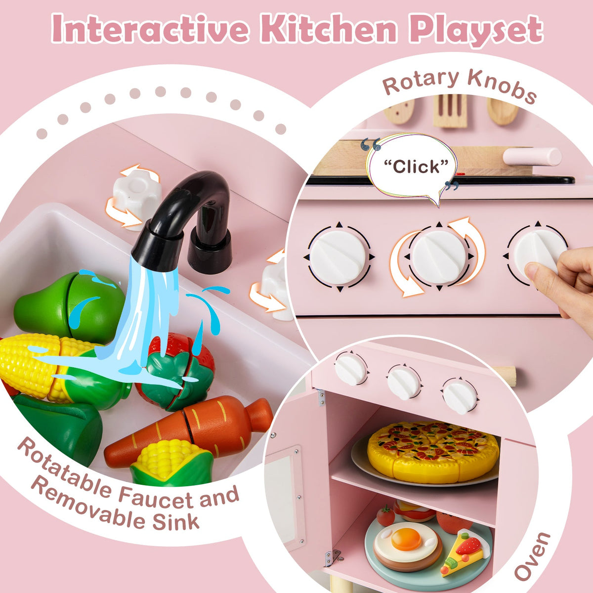 Kids Kitchen Playset with Cooking Accessories and Storage-Pink
