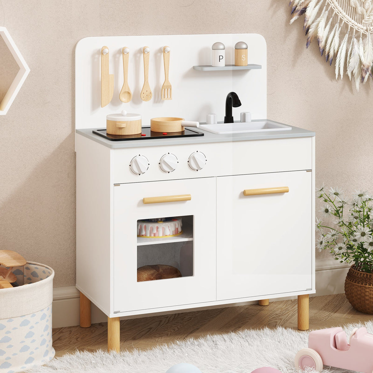 Kids Kitchen Playset with Cooking Accessories and Storage-White