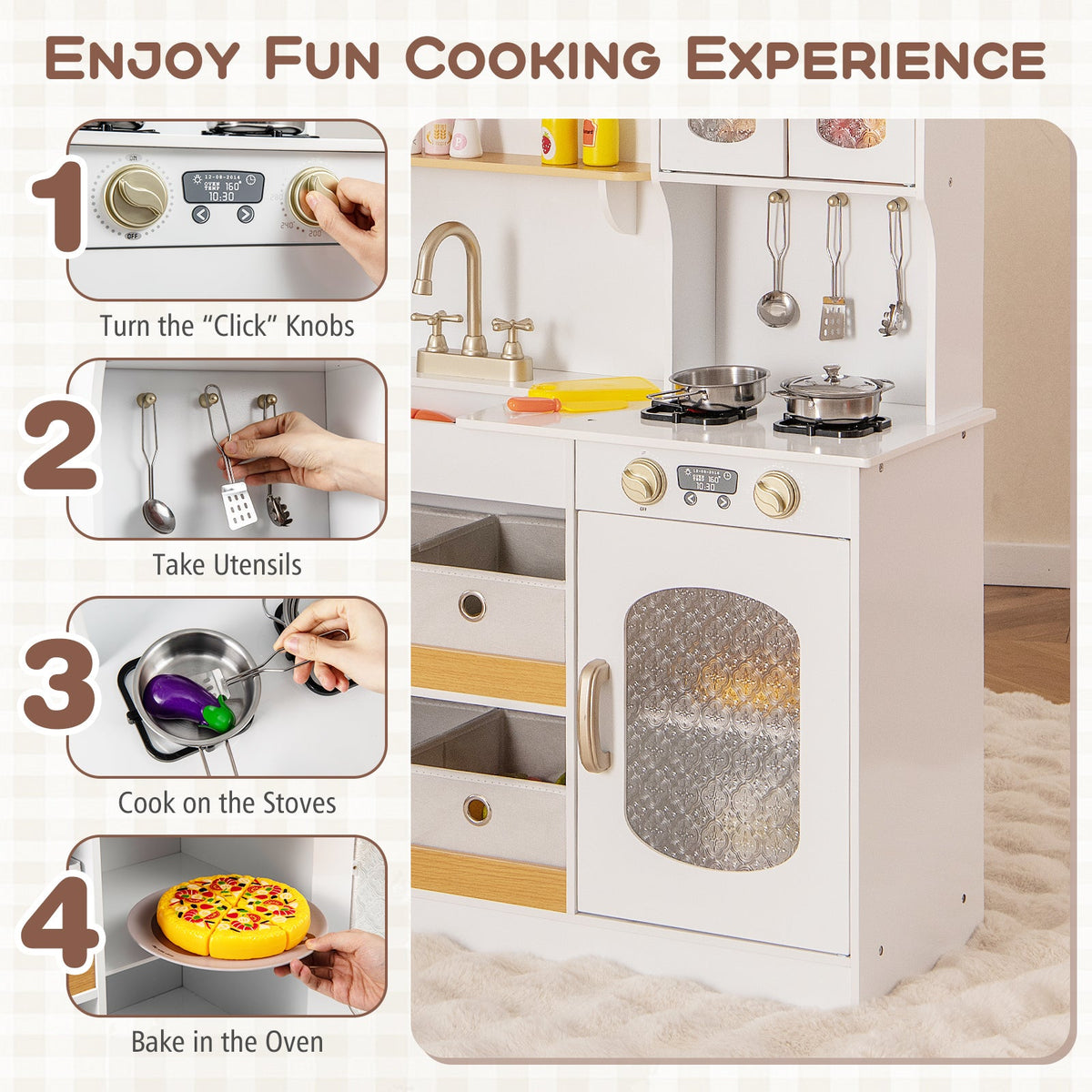 Kids Kitchen Playset with Cooking Accessories and Toy Cuttable Veggies-White