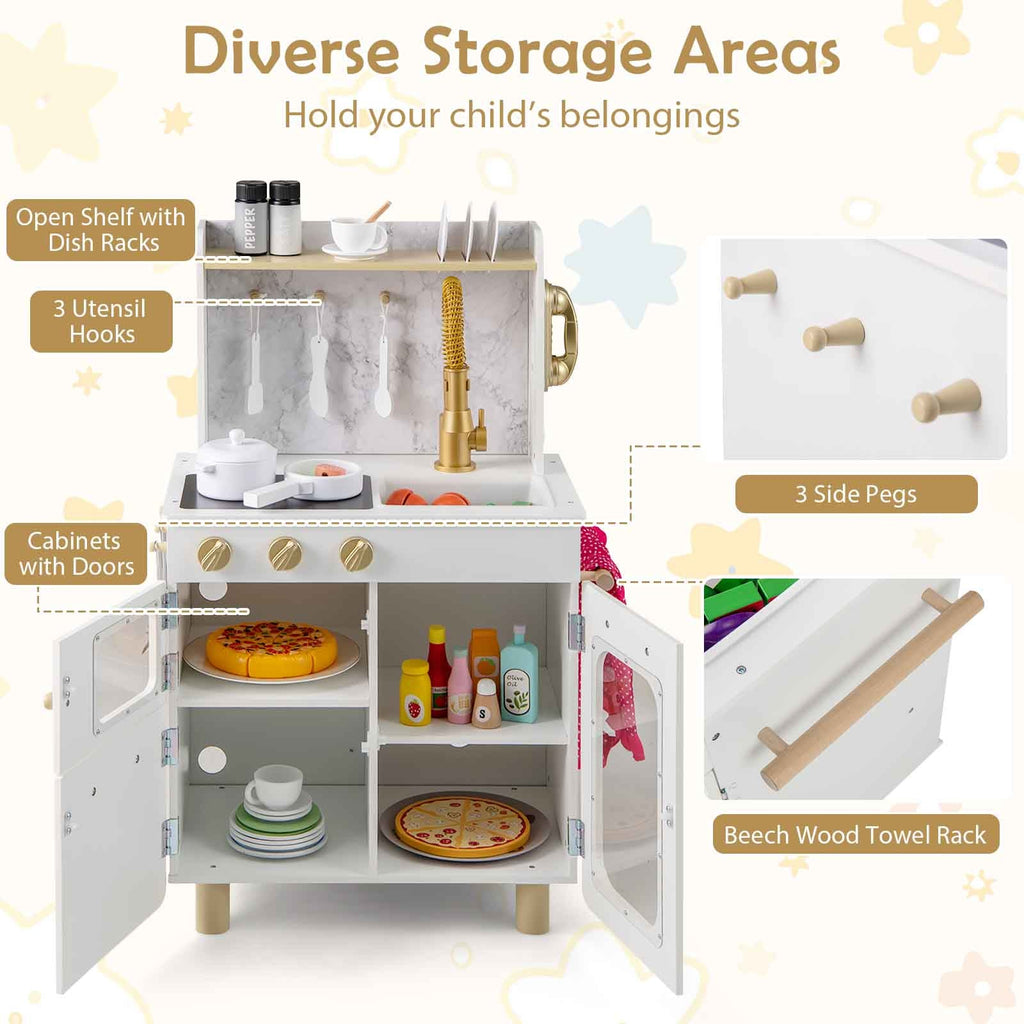 Kids Kitchen Set Pretend Play Kitchen with Stoves Faucet Sink Telephone Microwave and Oven-White