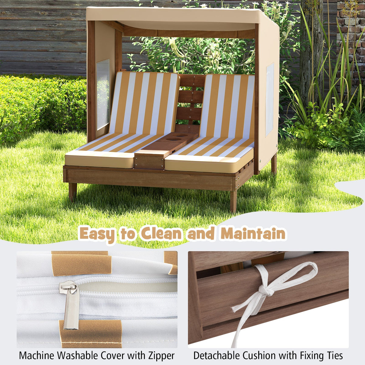 Kids Patio Lounge Chair with Cup Holders and Awning-Brown