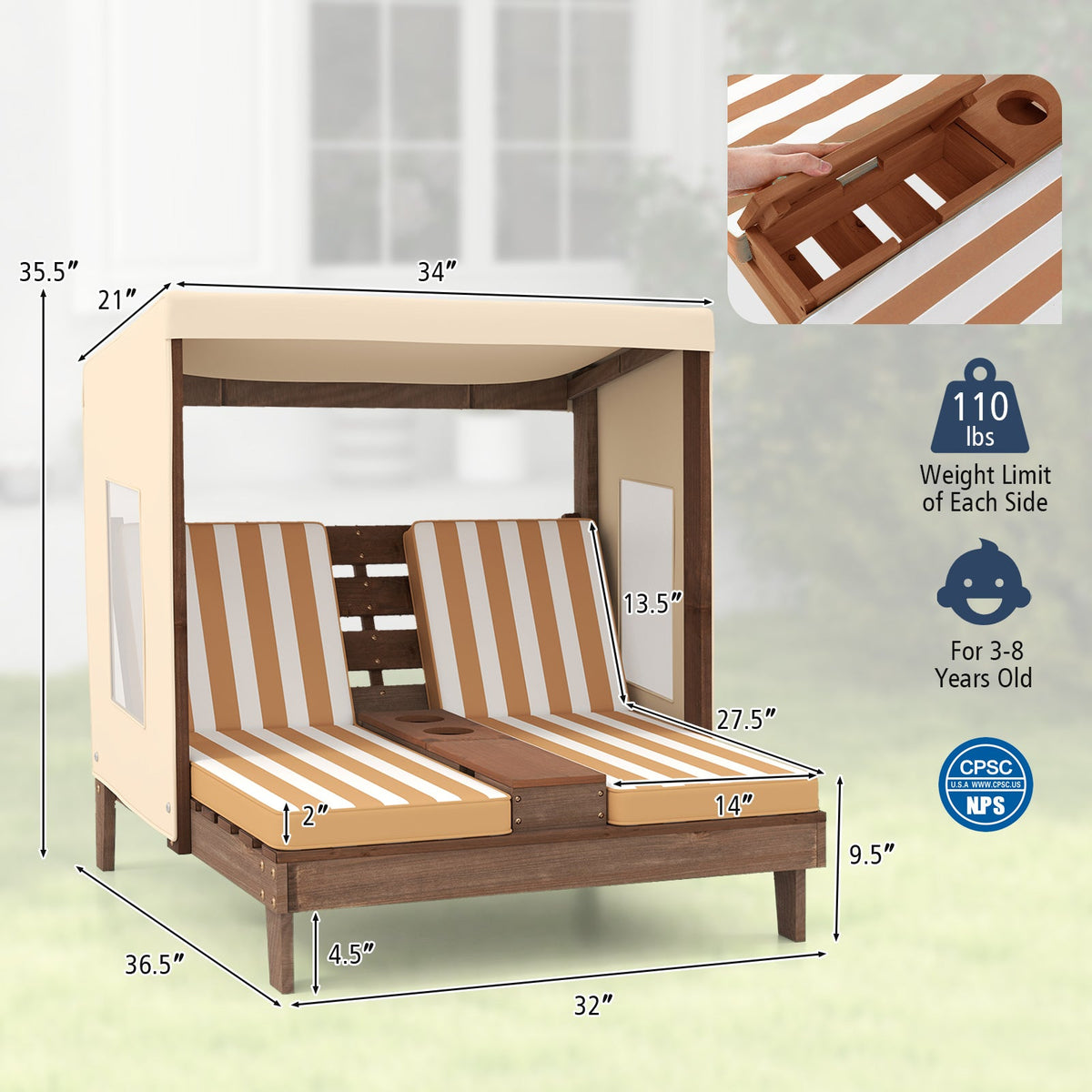 Kids Patio Lounge Chair with Cup Holders and Awning-Brown