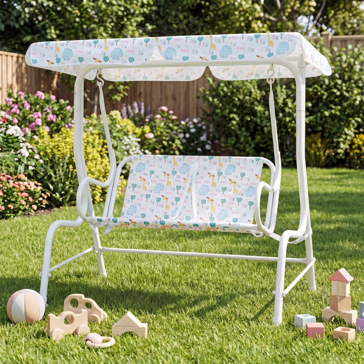 Kids Patio Swing 2-Seater Outdoor Porch Swing Lounge Chair with Adjustable Canopy